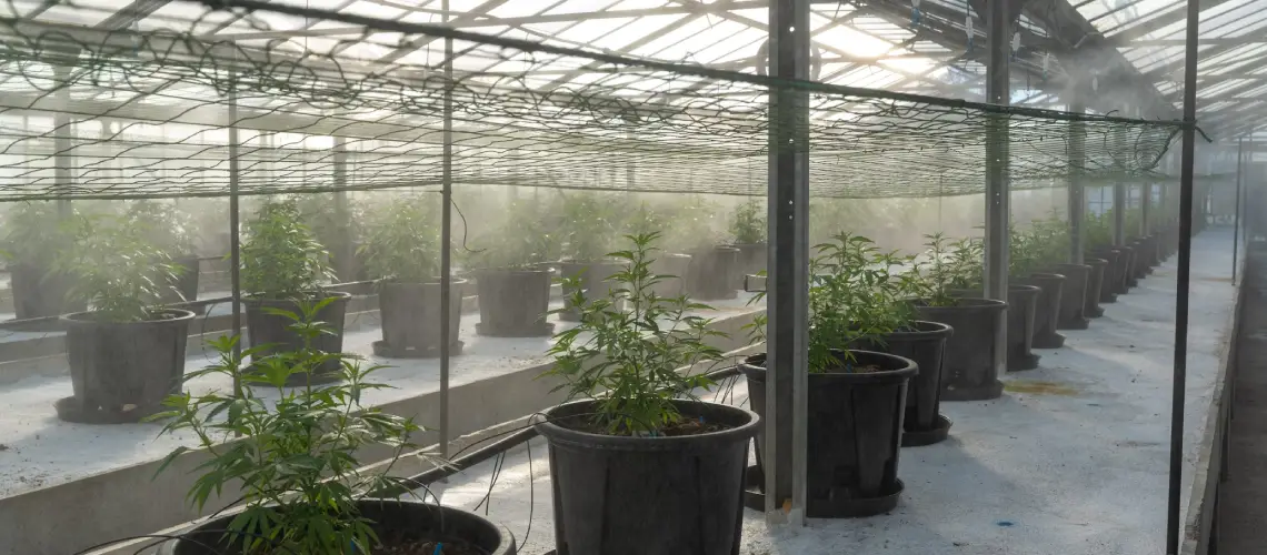 A greenhouse with rows of medical plants growing under controlled conditions.